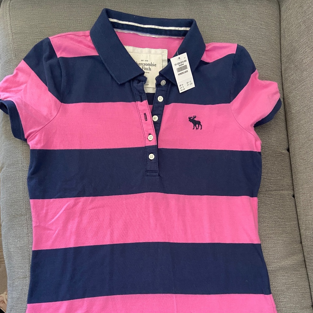 Abercrombie & Fitch Pink and Navy Striped Polo Tee